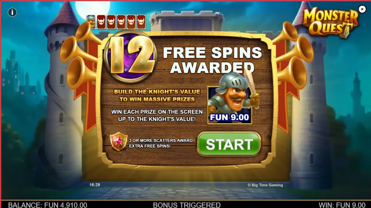 Isang matapang na kabalyero na nakaharap sa isang dragon sa loob ng isang medieval na kastilyo sa Monster Quest slot.