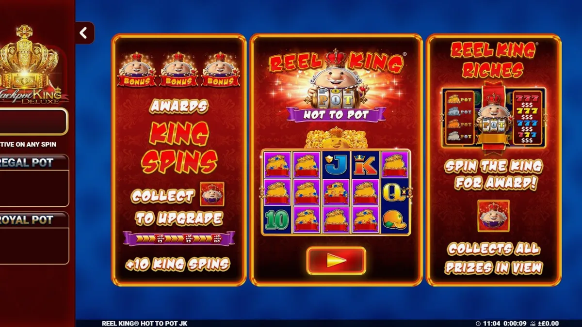 Reel King: Hot to Pot slot machine interface na may mga prutas at korona