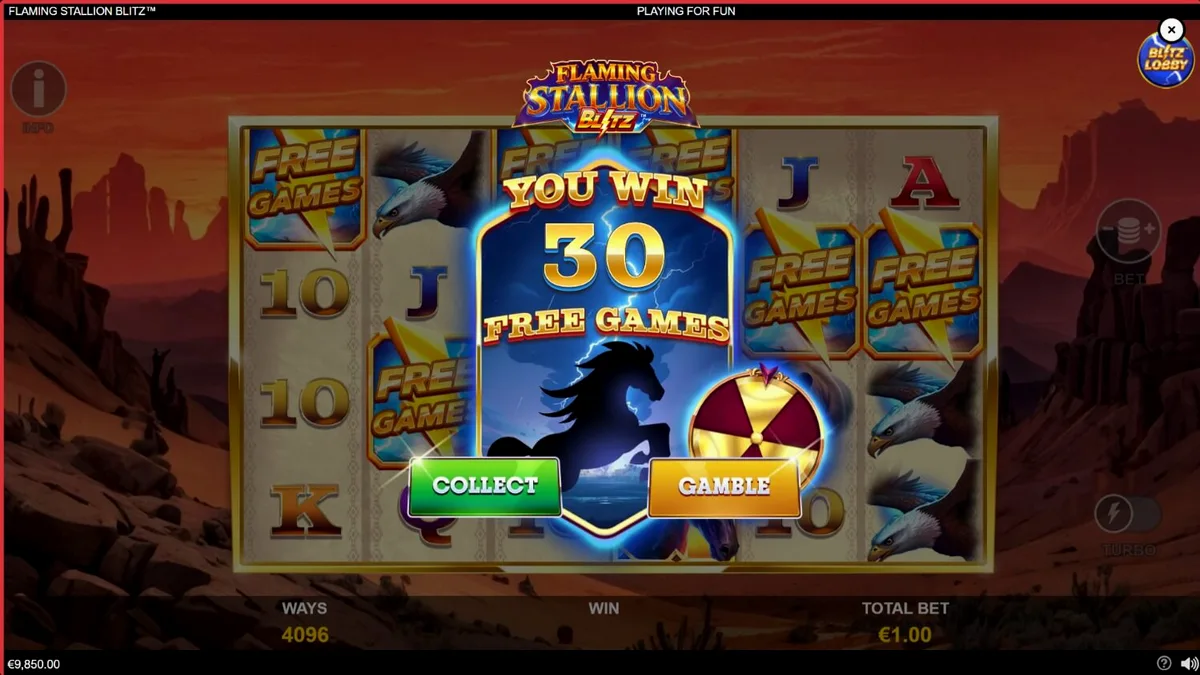 Flaming Stallion Blitz slot game interface na may maapoy na disyerto at neon na disenyo